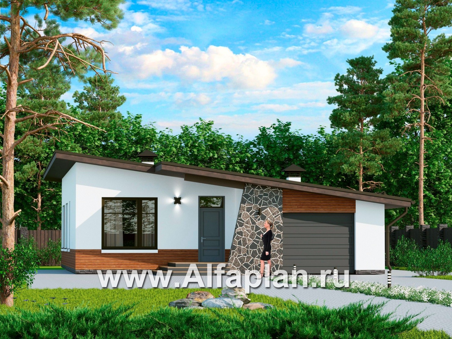 Проекты домов Альфаплан - Проект одноэтажного дома из газобетона, с гаражом - основное изображение