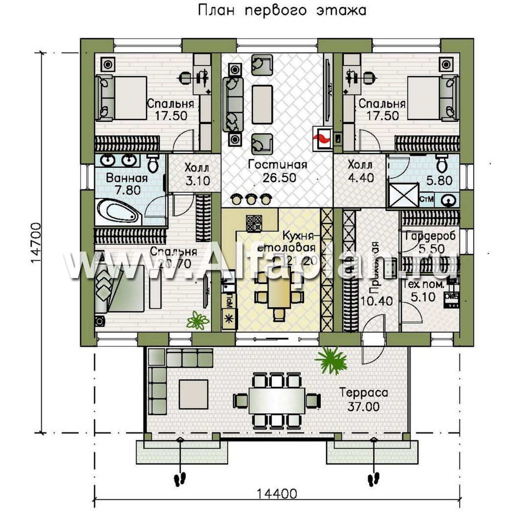 Проекты домов Альфаплан - "Форест" - проект одноэтажного дома с большой террасой - изображение плана проекта №1