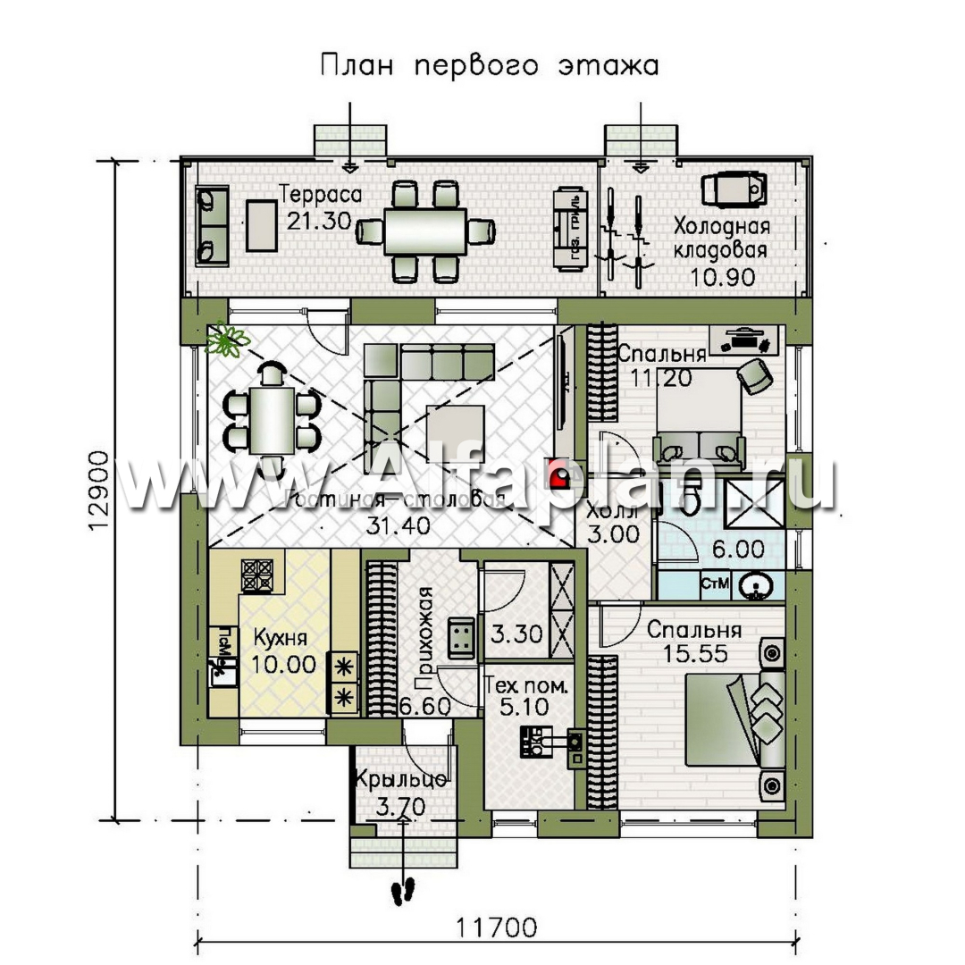 «Перламутр» - проект одноэтажного дома из газобетона, с террасой, 2 спальни - план дома