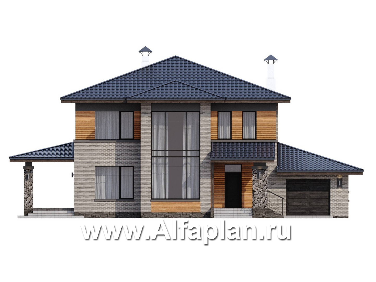 «Триггер роста» - проект двухэтажного дома из блоков, с террасой и вторым светом, с гаражом, в стиле Райта - фасад дома