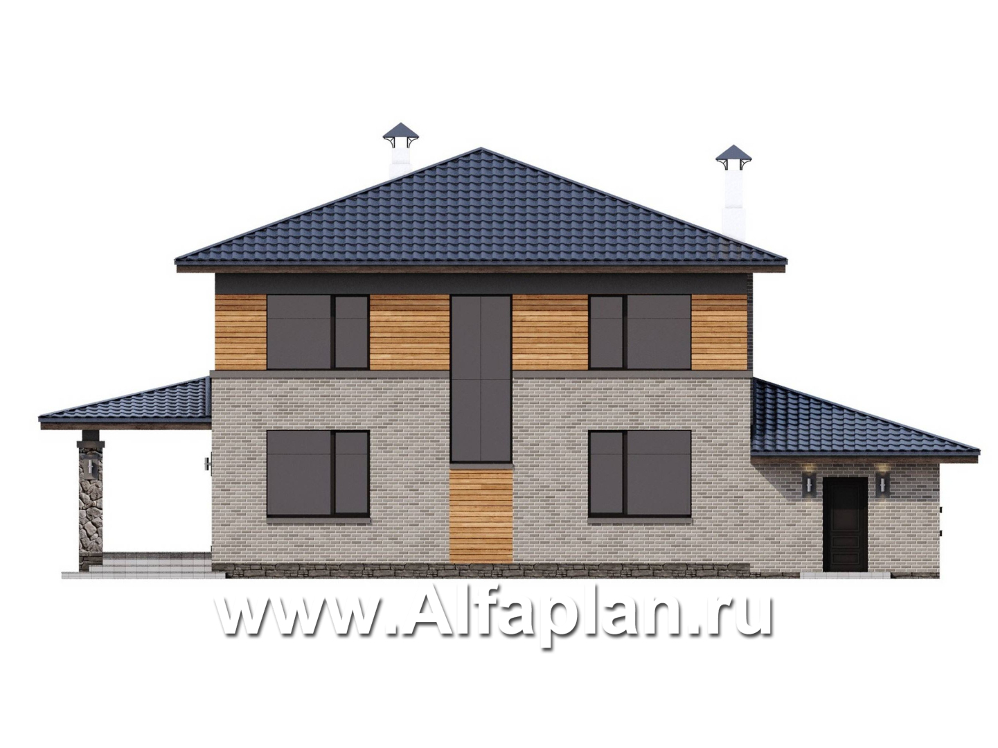 «Триггер роста» - проект двухэтажного дома из блоков, с террасой и вторым светом, с гаражом, в стиле Райта - фасад дома