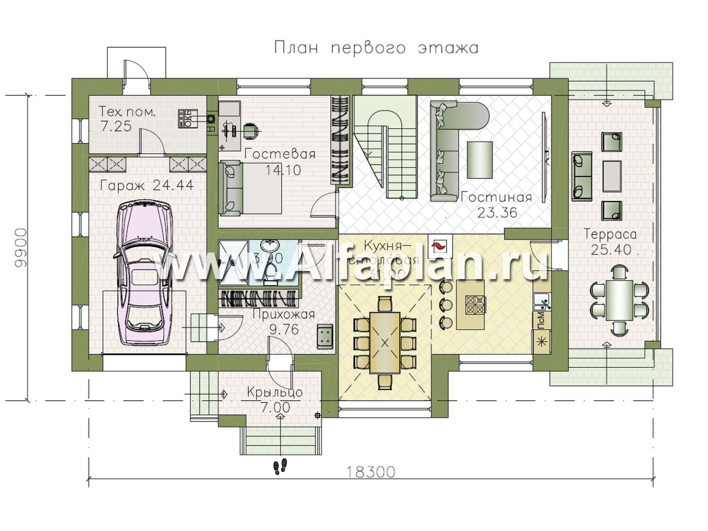 «Триггер роста» - проект двухэтажного дома из блоков, с террасой и вторым светом, с гаражом, в стиле Райта - план дома