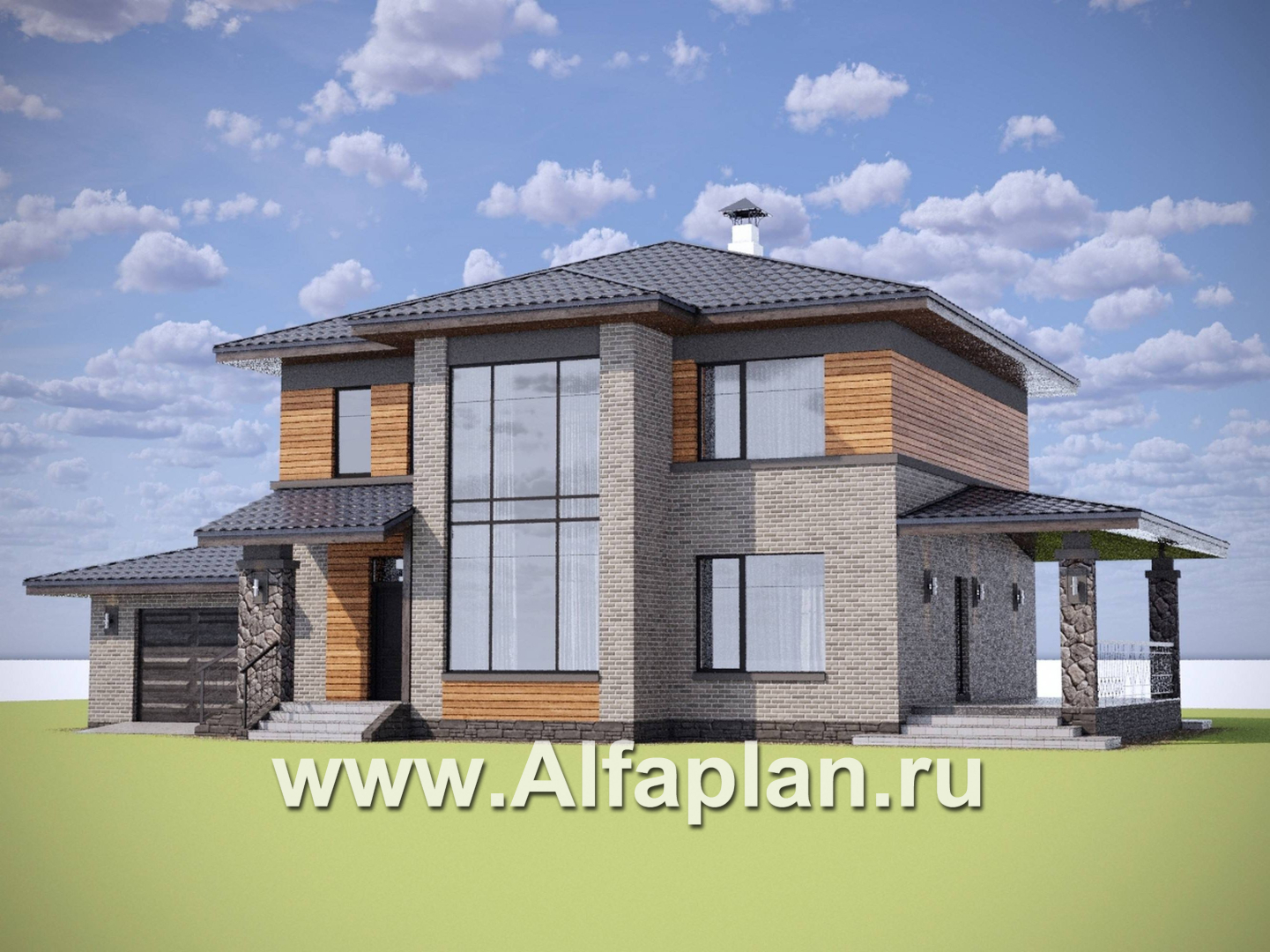 «Триггер роста» - проект двухэтажного дома из блоков, с террасой и вторым светом, с гаражом, в стиле Райта - дизайн дома №1