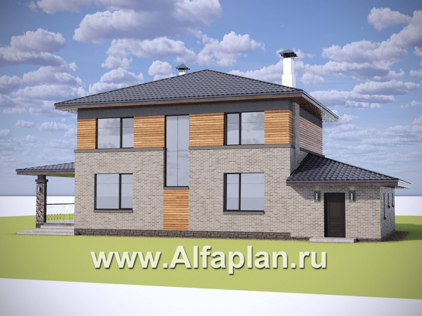 «Триггер роста» - проект двухэтажного дома из блоков, с террасой и вторым светом, с гаражом, в стиле Райта - дизайн дома №2