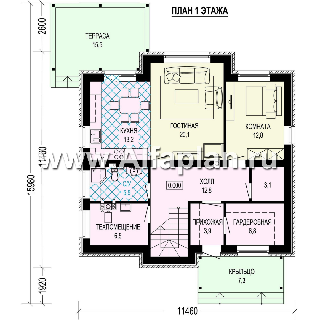 Проект двухэтажного дома, с кабинетом на 1 эт и с террасой, в современном стиле - план дома