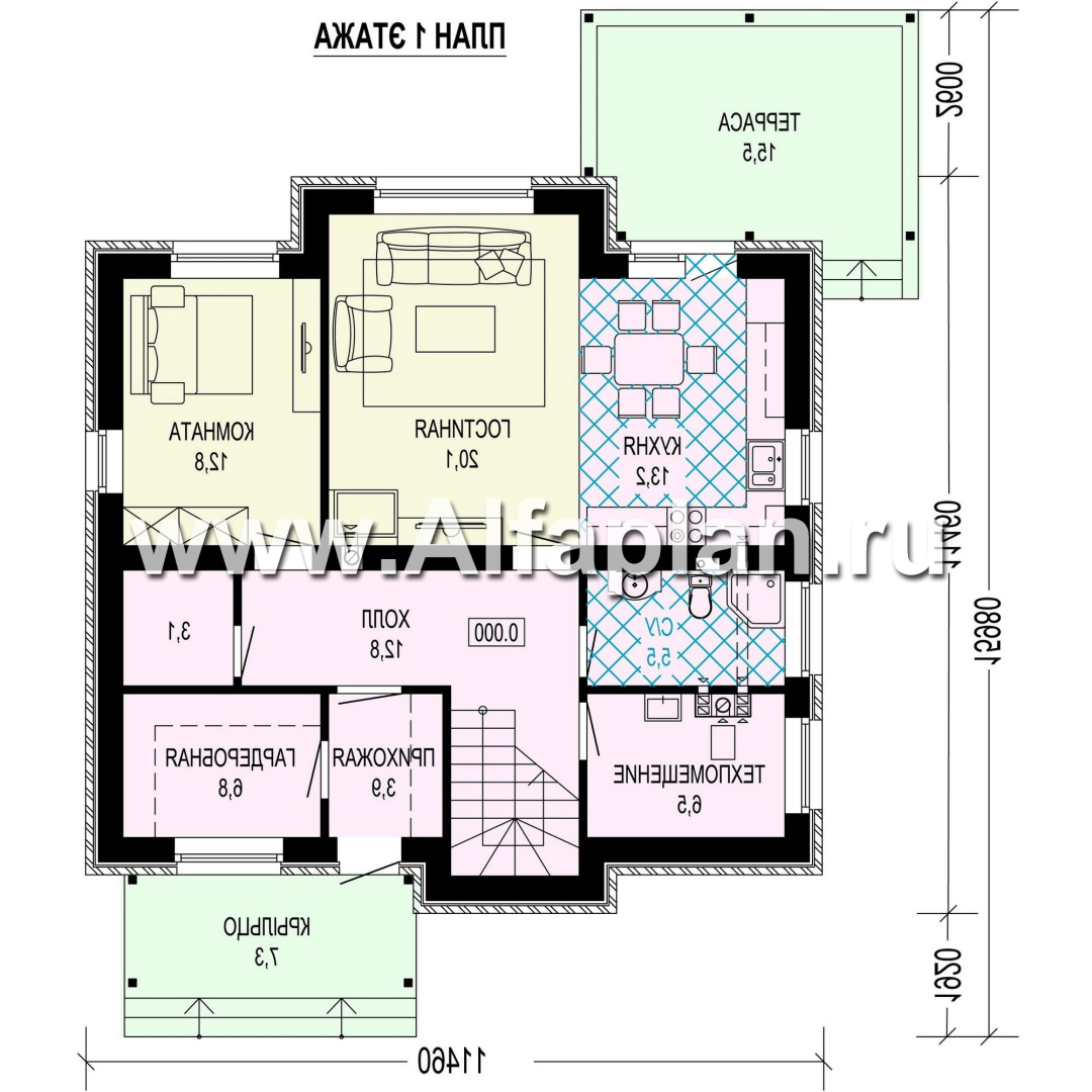 Проект двухэтажного дома, с кабинетом на 1 эт и с террасой, в современном стиле - план дома