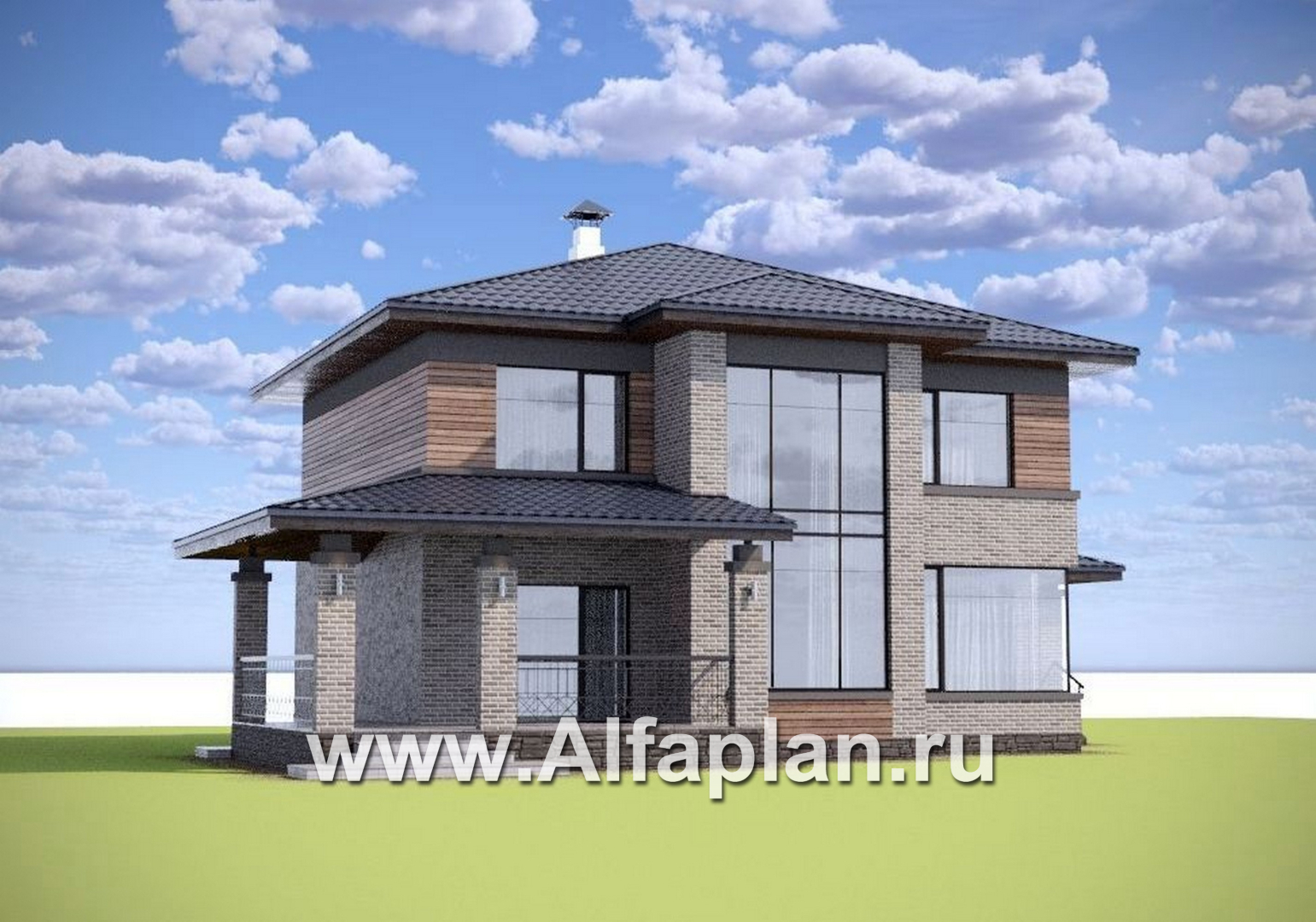 «Компас» - проект двухэтажного коттеджа, план дома со вторым светом и террасой, в стиле Райта - дизайн дома №1