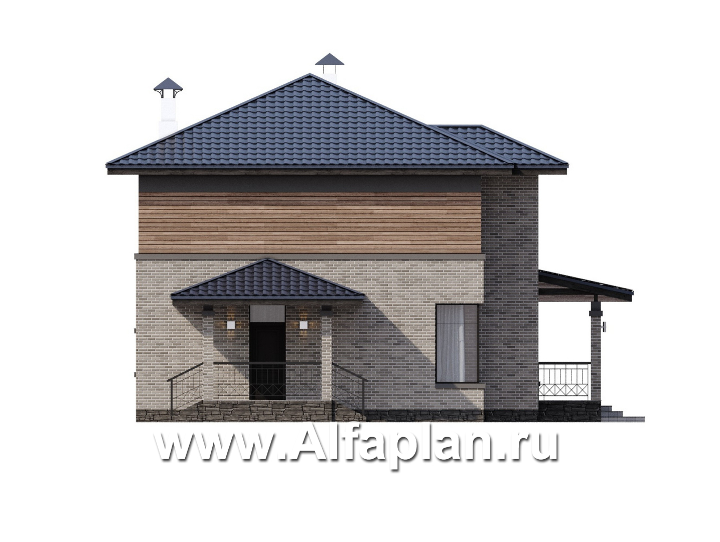 «Компас» - проект двухэтажного коттеджа, план дома со вторым светом и террасой, в стиле Райта - фасад дома