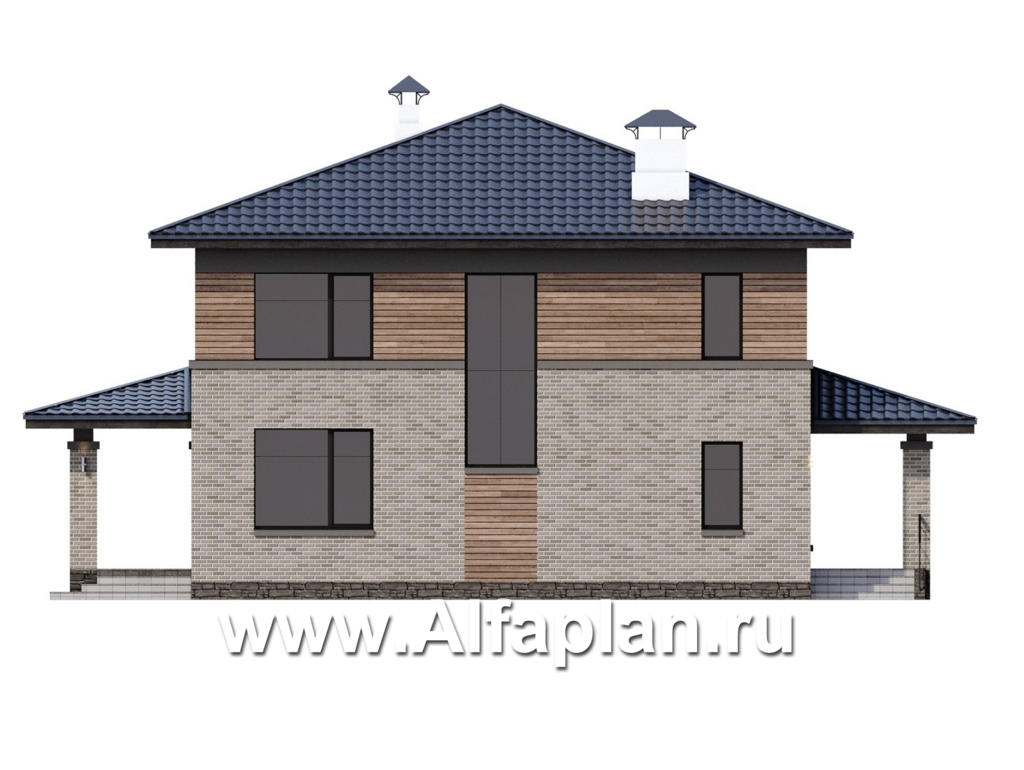 «Компас» - проект двухэтажного коттеджа, план дома со вторым светом и террасой, в стиле Райта - фасад дома