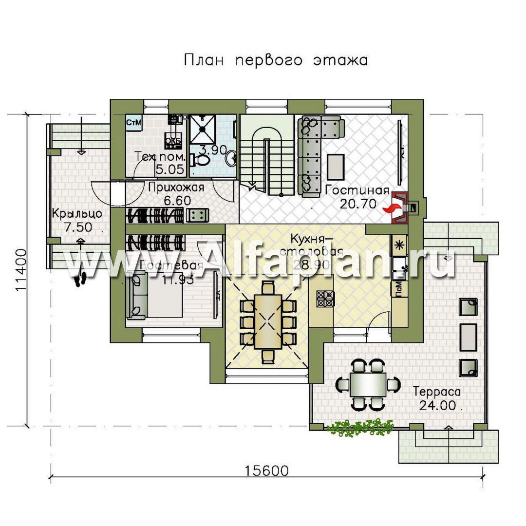 «Компас» - проект двухэтажного коттеджа, план дома со вторым светом и террасой, в стиле Райта - план дома