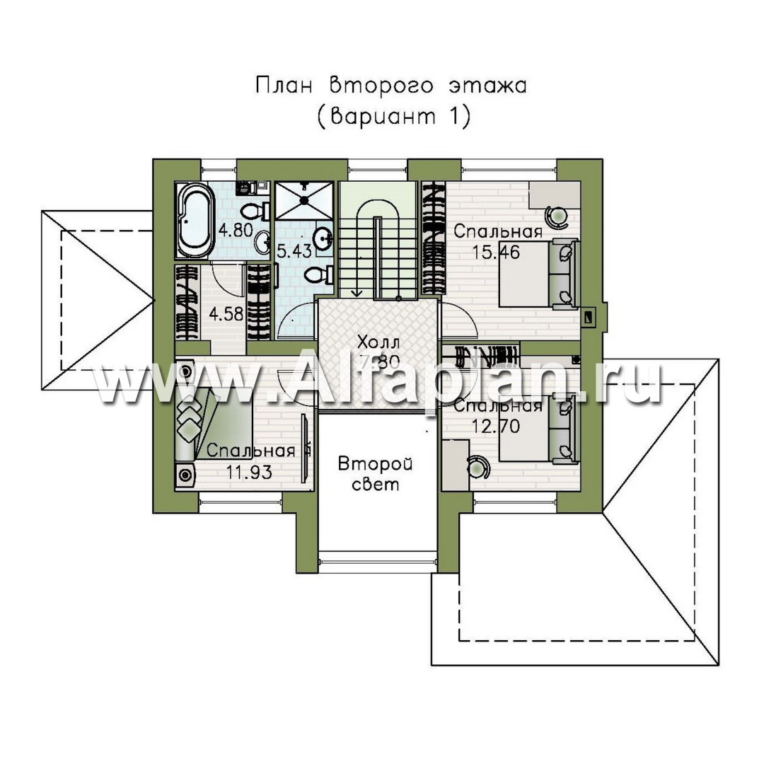 «Компас» - проект двухэтажного коттеджа, план дома со вторым светом и террасой, в стиле Райта - план дома