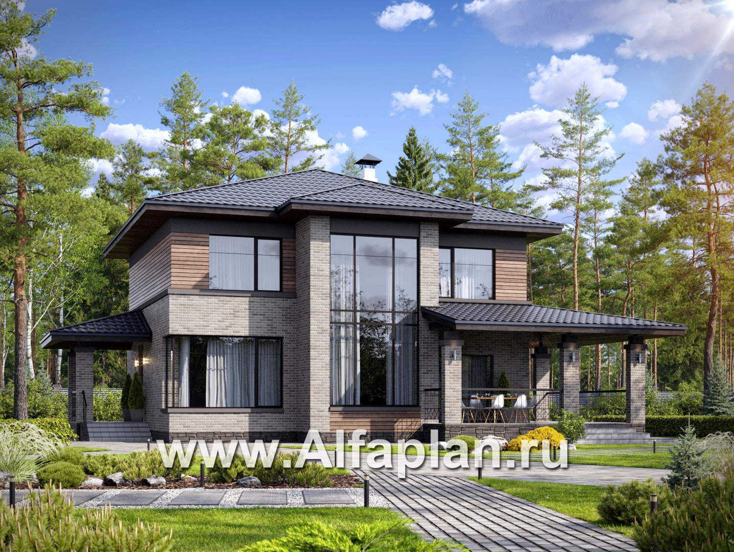 «Компас» - проект двухэтажного коттеджа, план дома со вторым светом и террасой, в стиле Райта - основное изображение