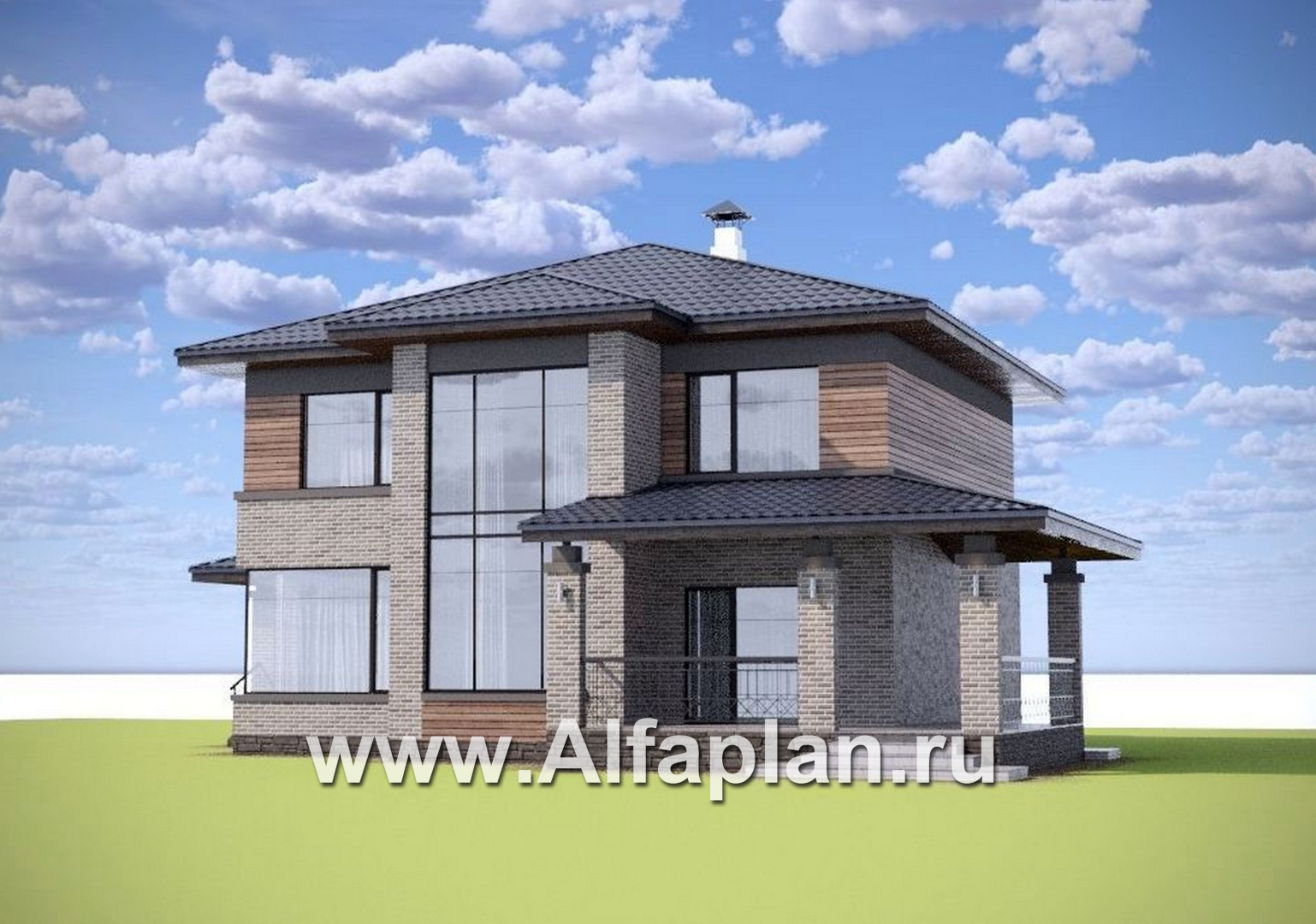 «Компас» - проект двухэтажного коттеджа, план дома со вторым светом и террасой, в стиле Райта - дизайн дома №1