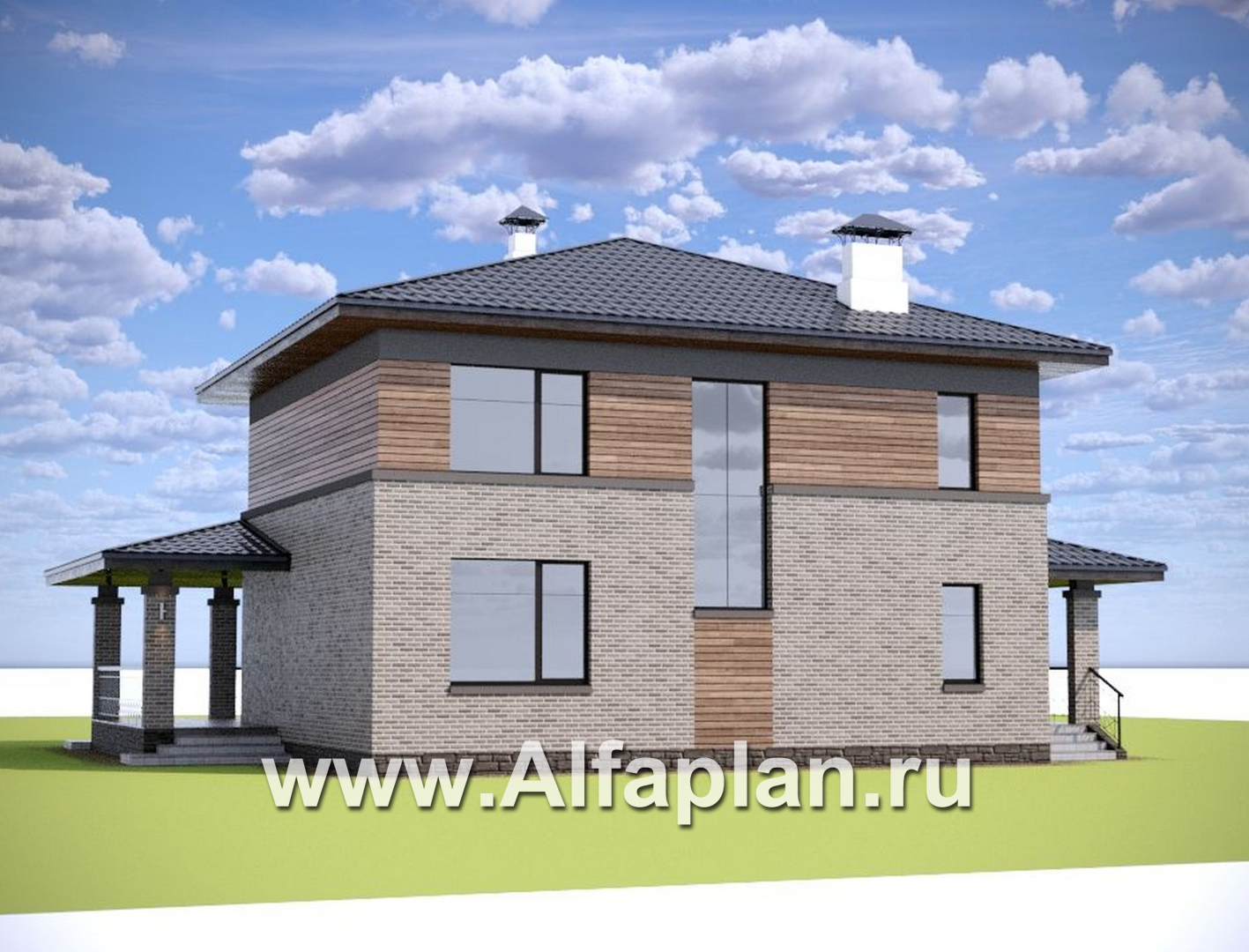 «Компас» - проект двухэтажного коттеджа, план дома со вторым светом и террасой, в стиле Райта - дизайн дома №2