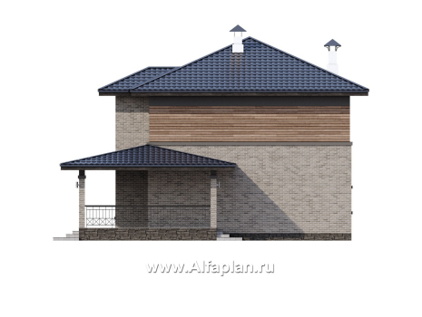 «Компас» - проект двухэтажного коттеджа, план дома со вторым светом и террасой, в стиле Райта - превью фасада дома