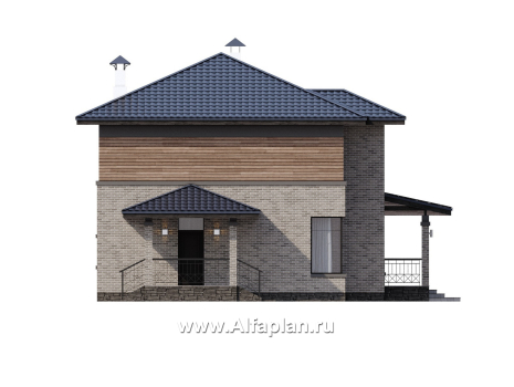 «Компас» - проект двухэтажного коттеджа, план дома со вторым светом и террасой, в стиле Райта - превью фасада дома