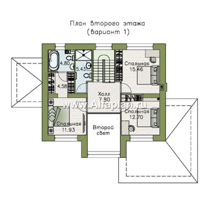 «Компас» - проект двухэтажного коттеджа, план дома со вторым светом и террасой, в стиле Райта - превью план дома