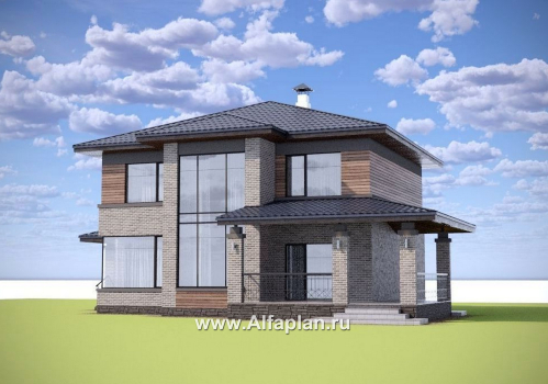 «Компас» - проект двухэтажного коттеджа, план дома со вторым светом и террасой, в стиле Райта - превью дополнительного изображения №1