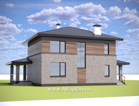 «Компас» - проект двухэтажного коттеджа, план дома со вторым светом и террасой, в стиле Райта - превью дополнительного изображения №2