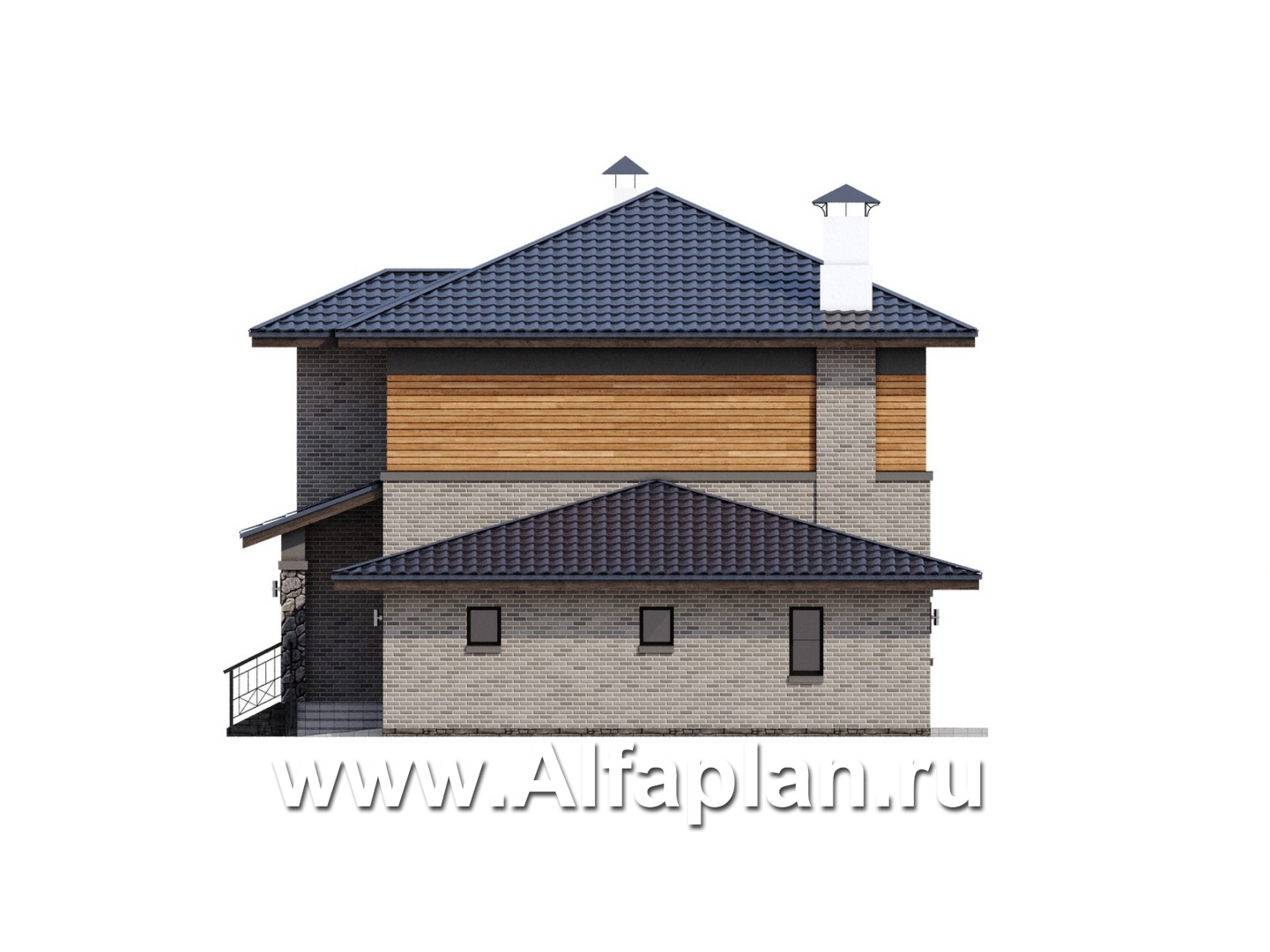 «Компас» - проект двухэтажного дома из газобетона, стеррасой и гаражом, в стиле Райта - фасад дома