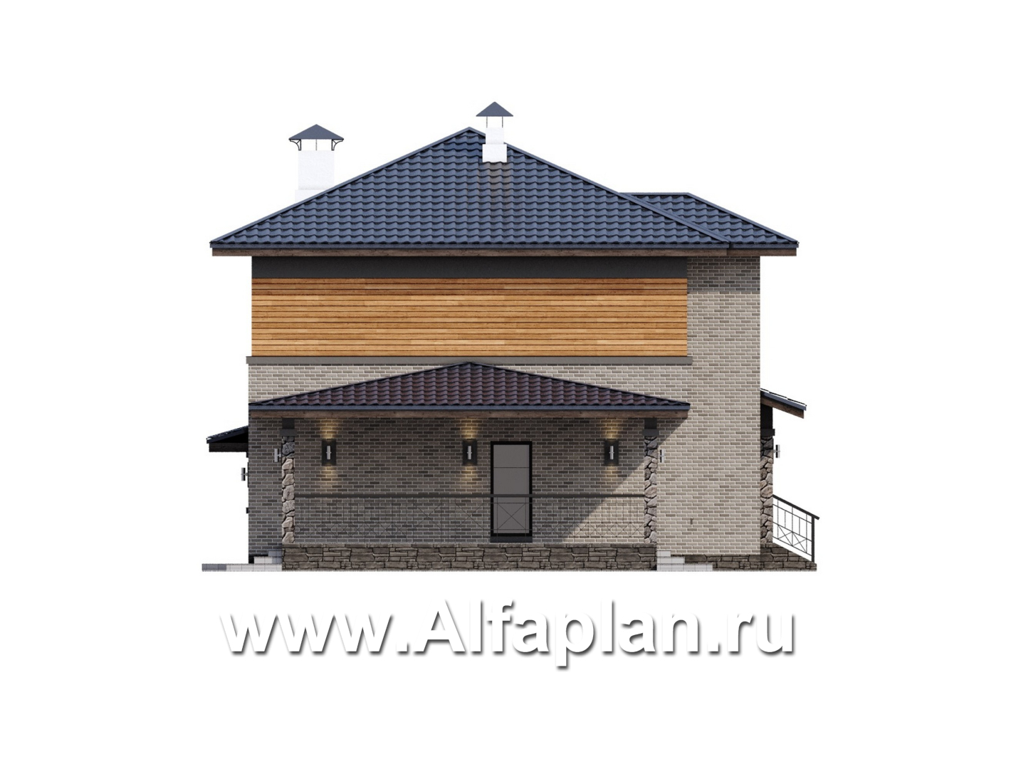 «Компас» - проект двухэтажного дома из газобетона, стеррасой и гаражом, в стиле Райта - фасад дома