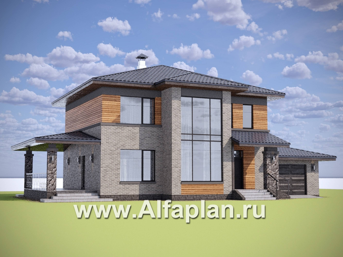 «Компас» - проект двухэтажного дома из газобетона, стеррасой и гаражом, в стиле Райта - дизайн дома №1