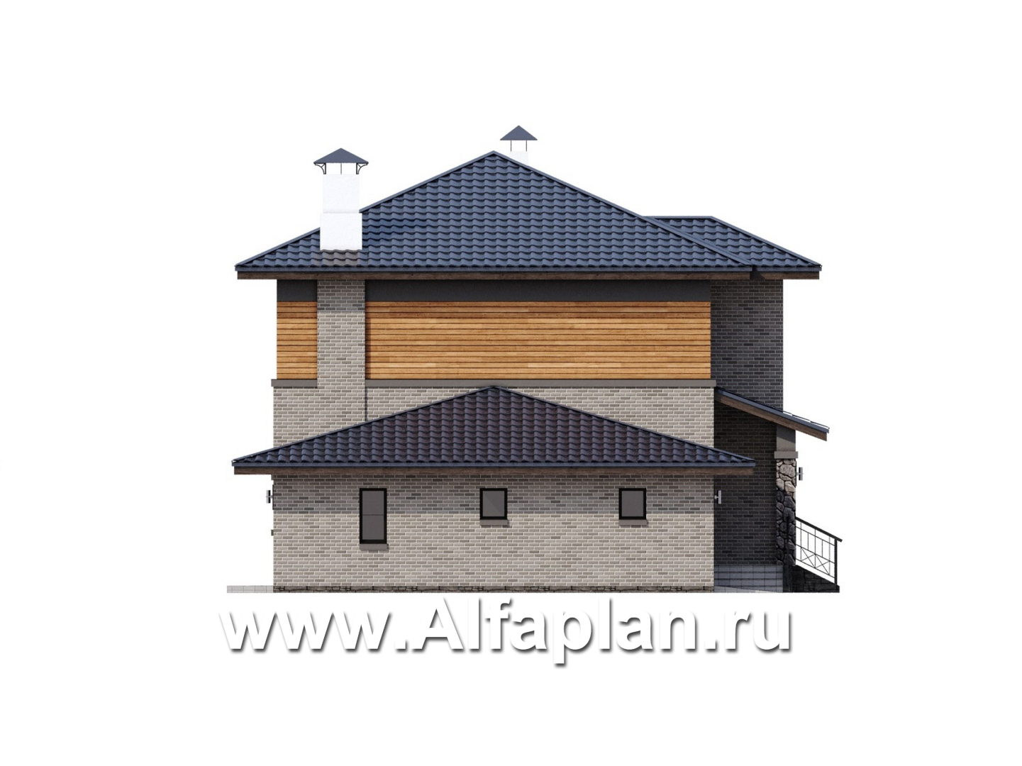 «Компас» - проект двухэтажного дома из газобетона, стеррасой и гаражом, в стиле Райта - фасад дома