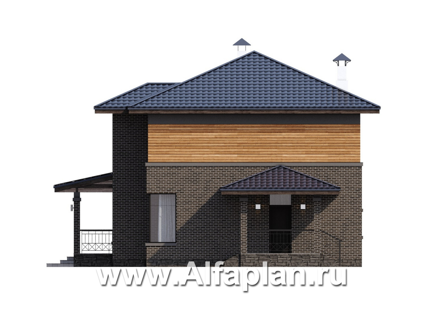 «Компас» - проект двухэтажного дома, планировка со вторым светом и террасой, в стиле Райта - фасад дома