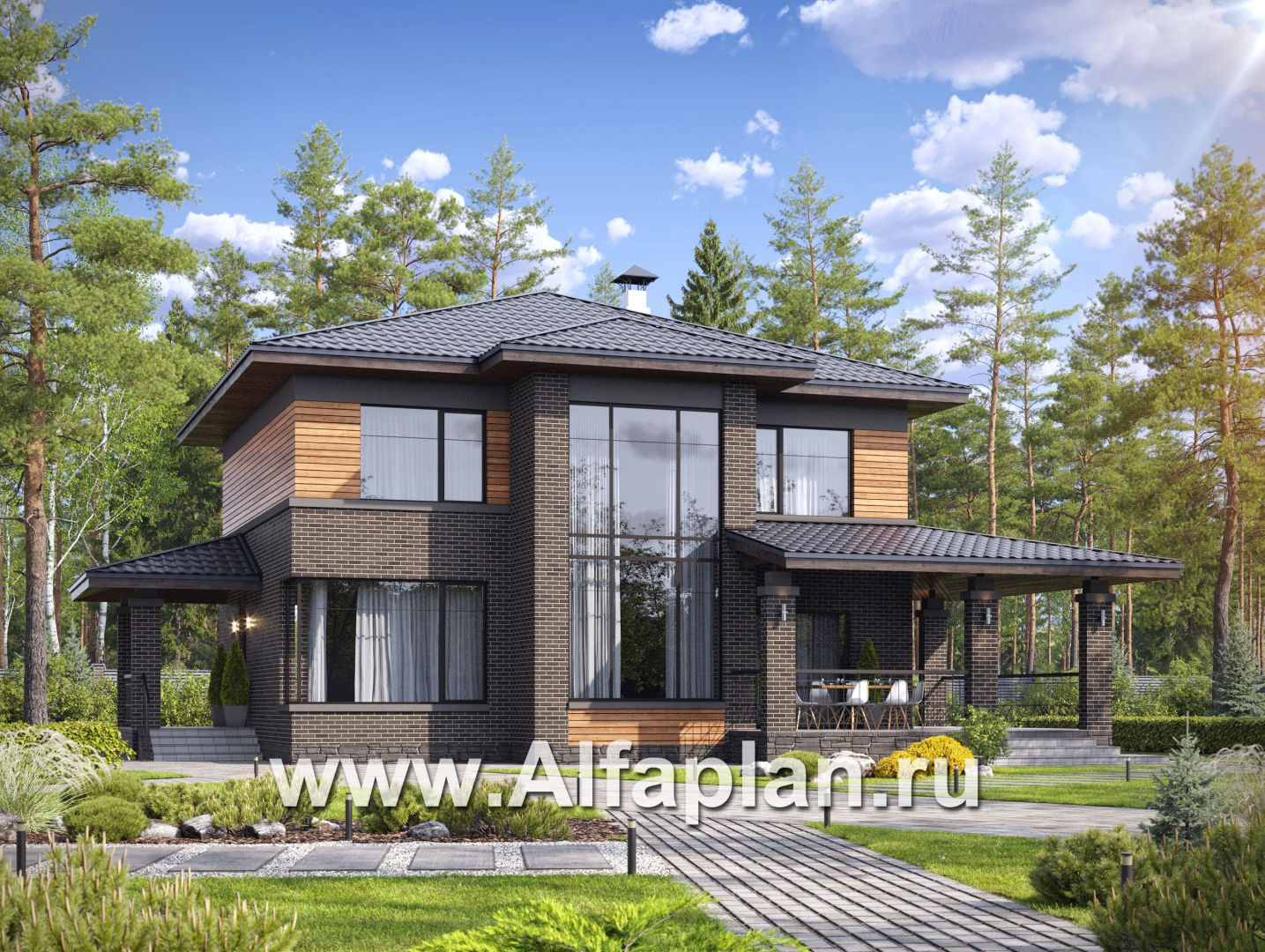 «Компас» - проект двухэтажного дома, планировка со вторым светом и террасой, в стиле Райта - основное изображение