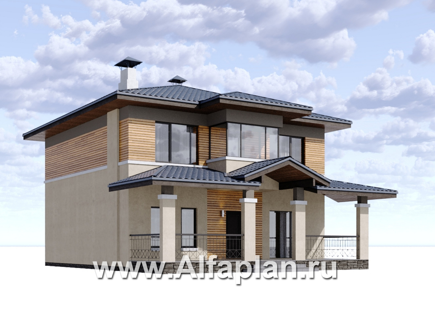 «Невада» - проект двухэтажного дома из газобетона, с террасой со стороны входа, в стиле Райта - дизайн дома №1