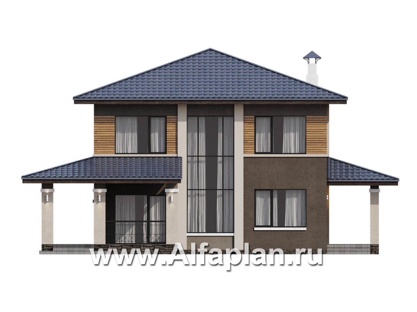 «Юта» - проект двухэтажного дома из кирпича, со вторым светом в столвой, с террасой, в стиле Райта - фасад дома