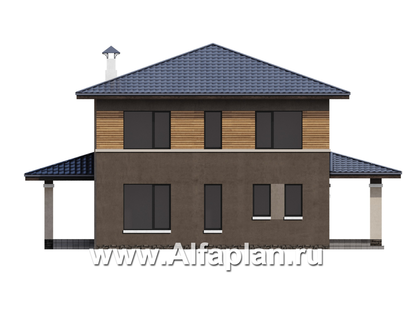 «Юта» - проект двухэтажного дома из кирпича, со вторым светом в столвой, с террасой, в стиле Райта - фасад дома