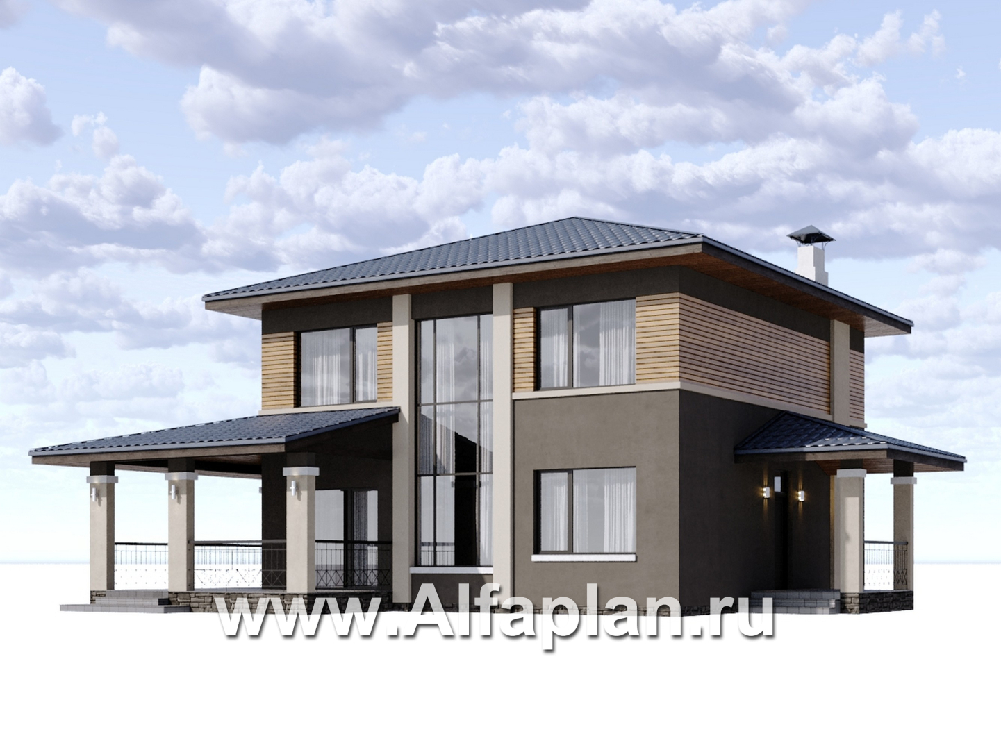 «Юта» - проект двухэтажного дома из кирпича, со вторым светом в столвой, с террасой, в стиле Райта - дизайн дома №2