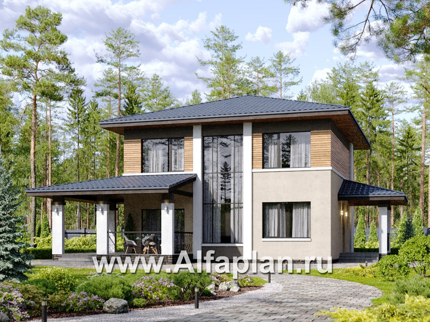 «Юта» - проект двухэтажного дома из кирпича, со вторым светом в столвой, с террасой, в стиле Райта - дизайн дома №4