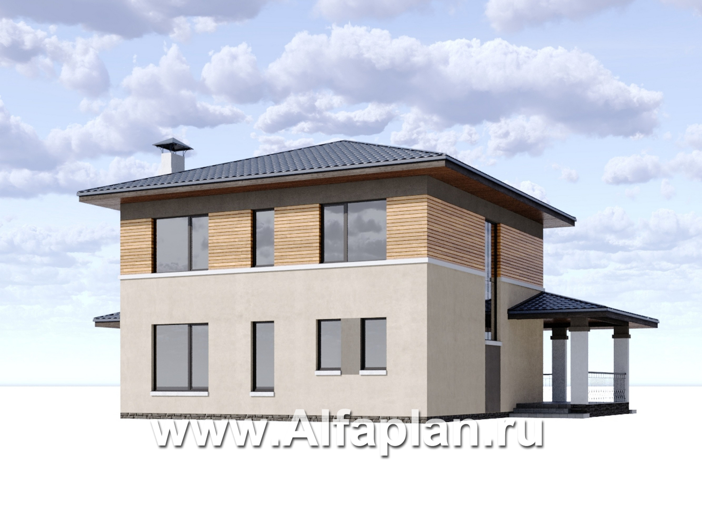 «Юта» - проект двухэтажного дома из кирпича, со вторым светом в столвой, с террасой, в стиле Райта - дизайн дома №7