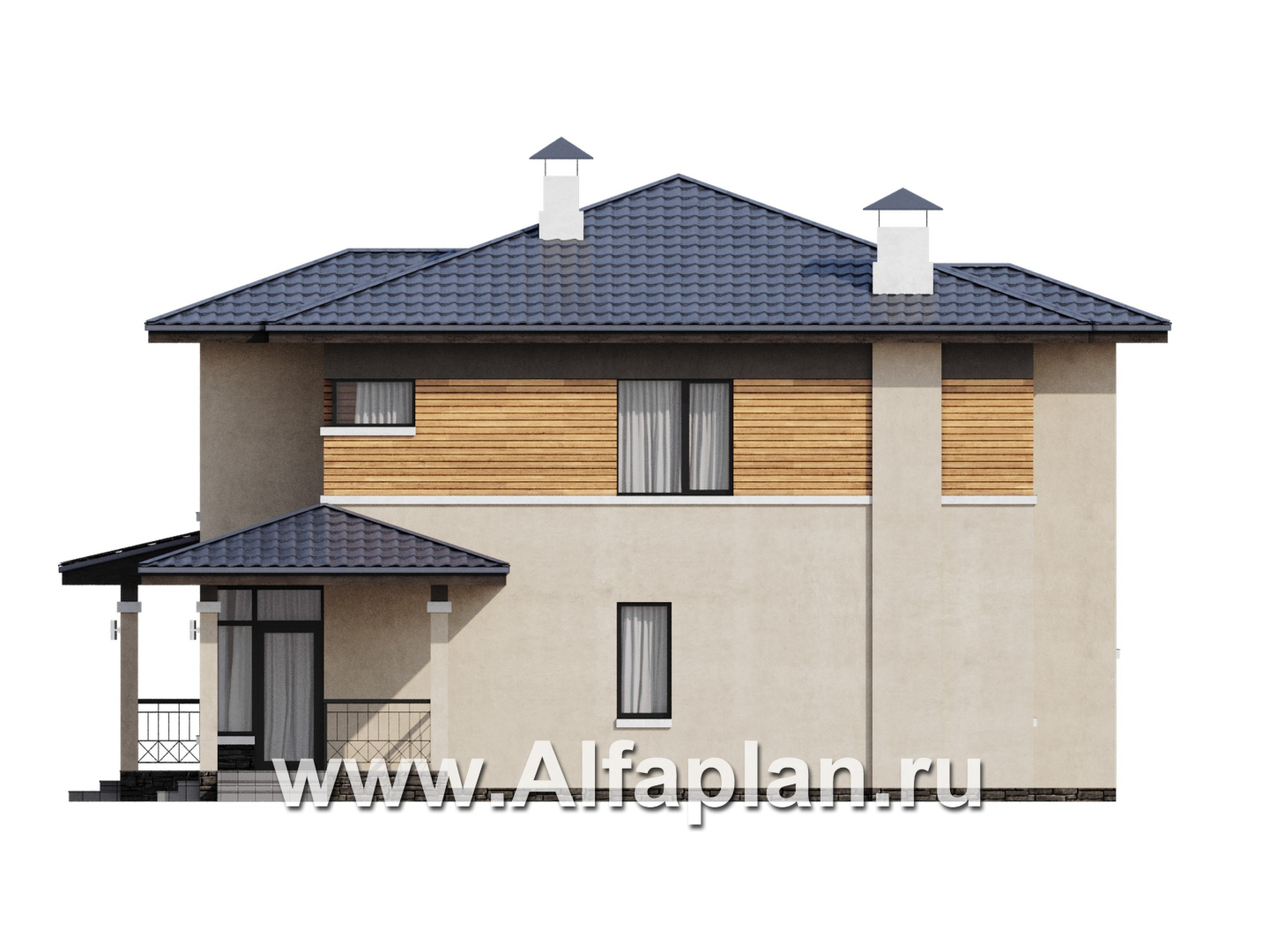 «Монтана» - проект двухэтажного дома из кирпича, с террасой, в стиле Райта - фасад дома