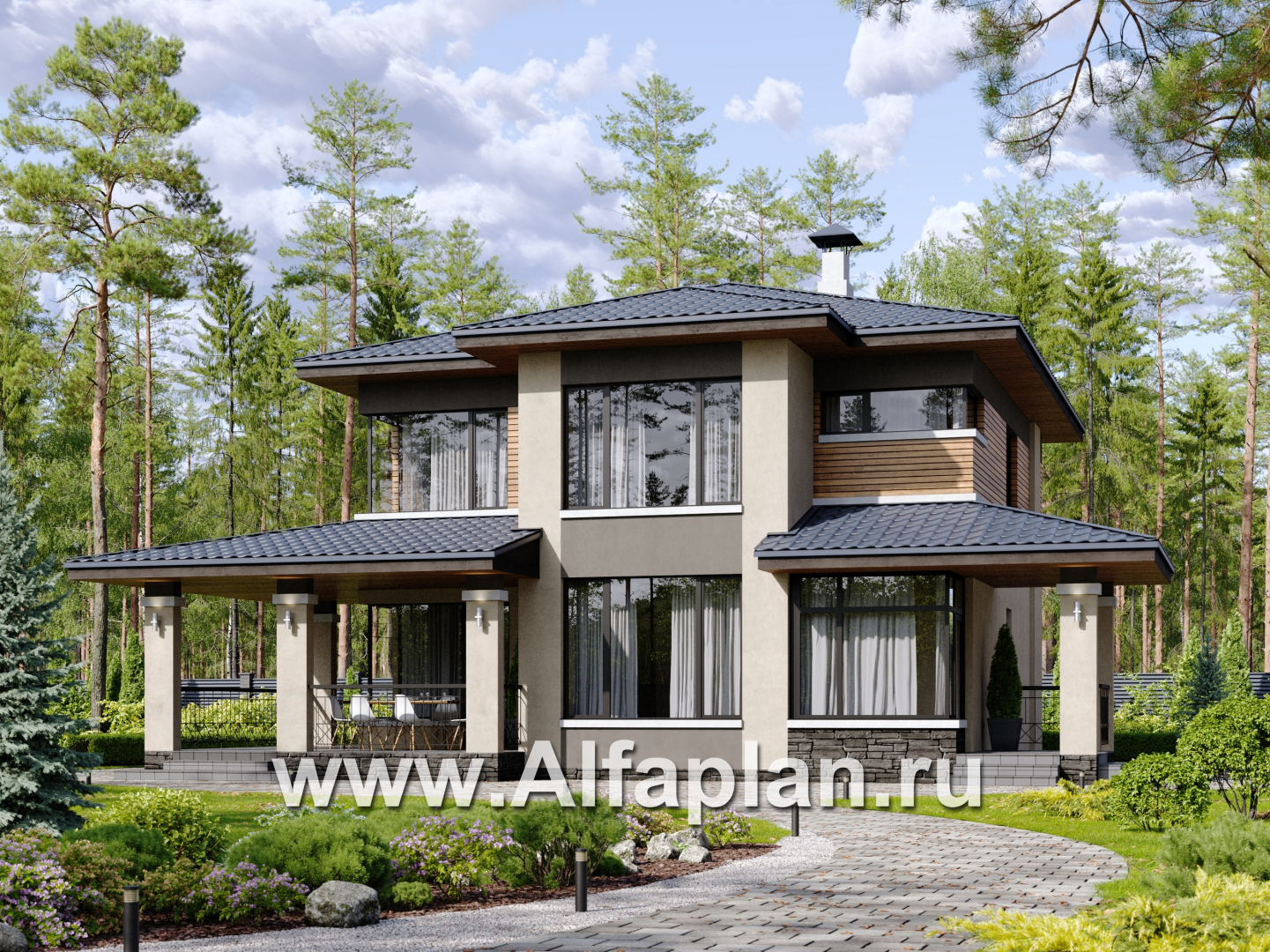 «Монтана» - проект двухэтажного дома из кирпича, с террасой, в стиле Райта - основное изображение