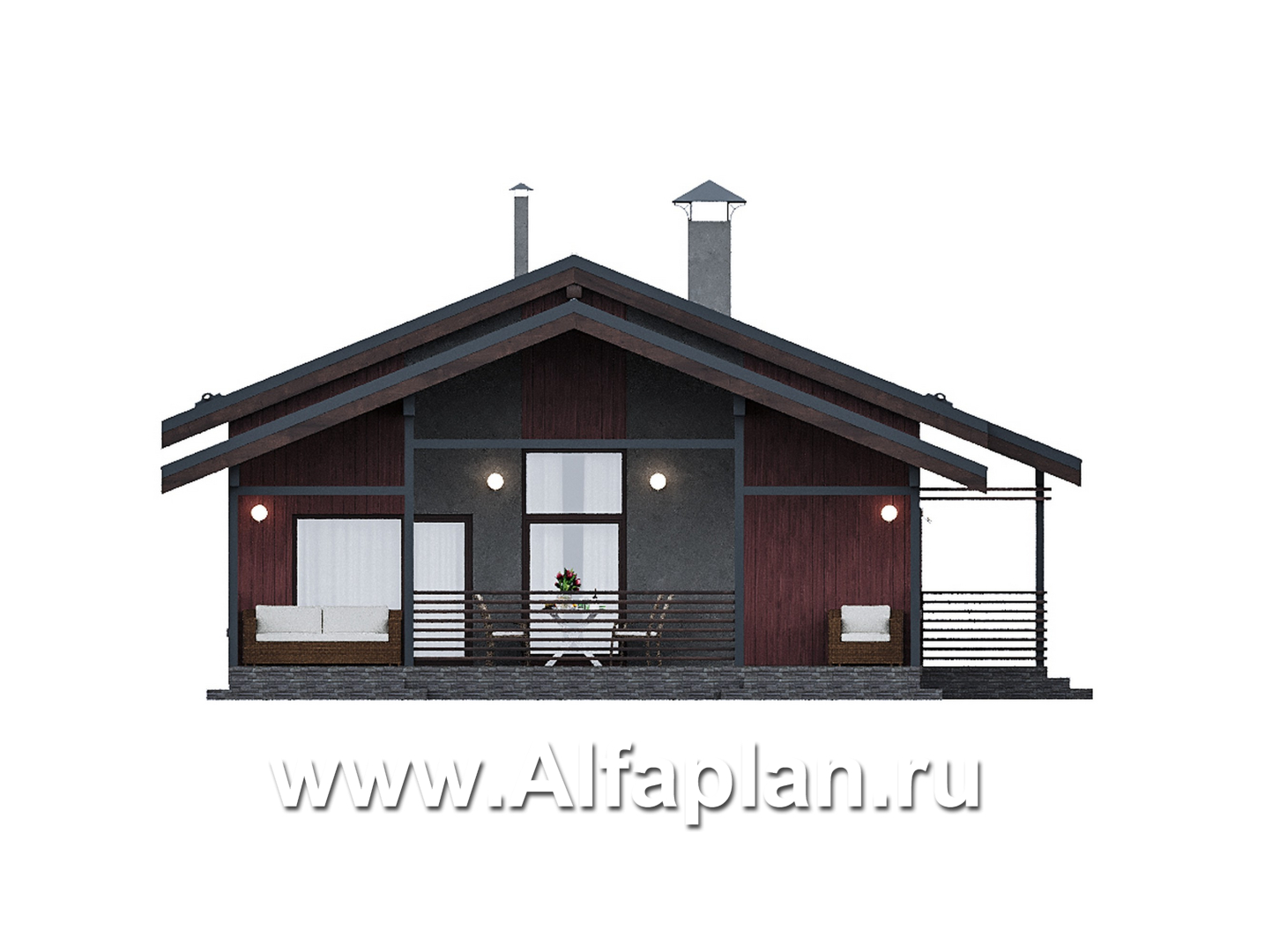 Проекты домов Альфаплан - "Литен" - проект маленького одноэтажного дома с комфортной планировкой, с террасой - изображение фасада №3