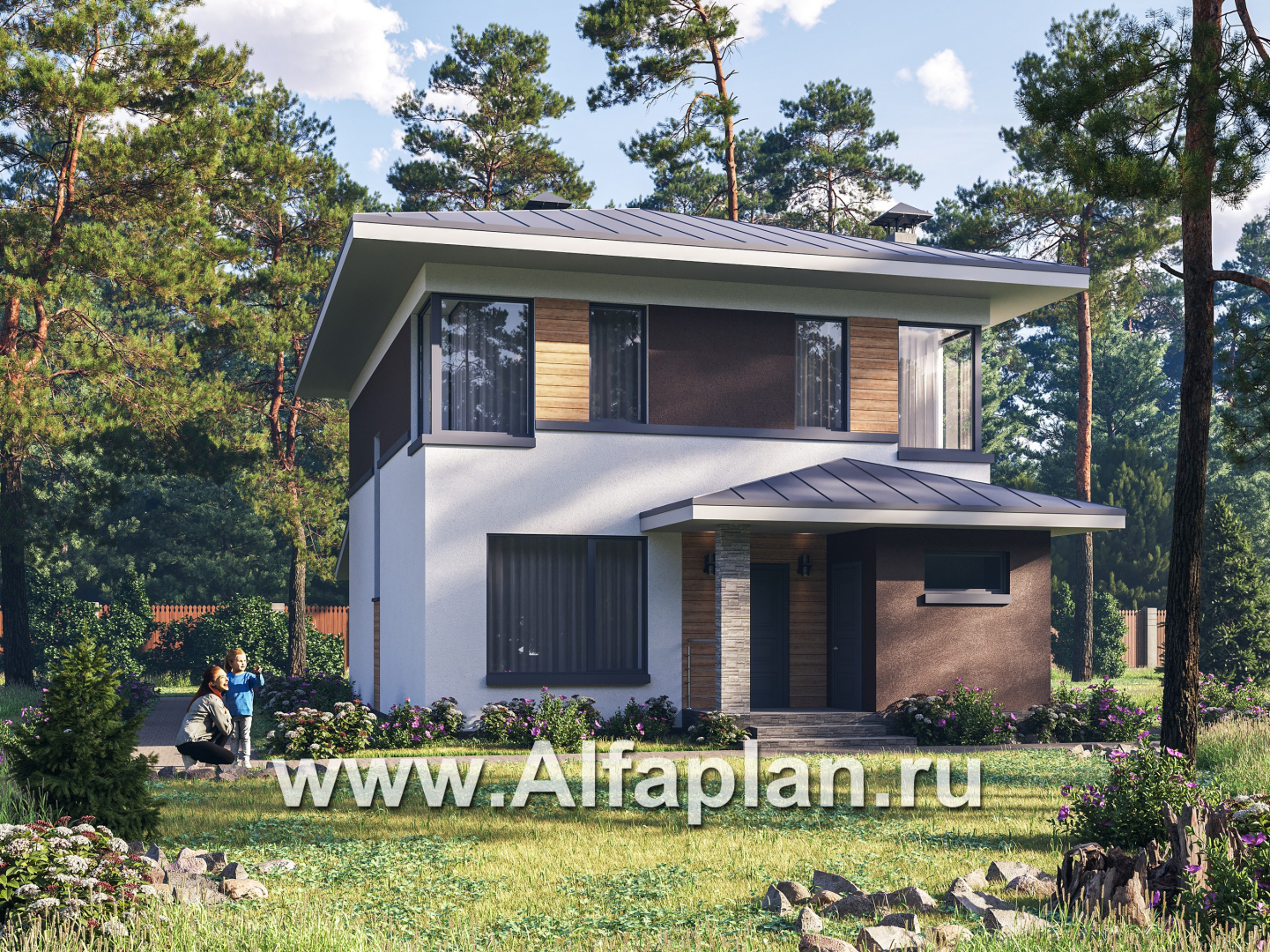 Проекты домов Альфаплан - "Генезис" - проект дома, 2 этажа, с террасой в стиле Райта - основное изображение