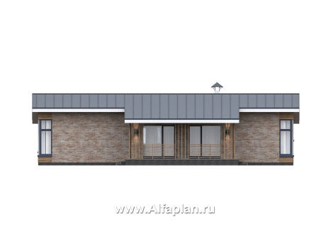 Проекты домов Альфаплан - "Алладин" - проект одноэтажного дома, мастер спальня, с террасой и красивым потолком гостиной со стропилами - превью фасада №3