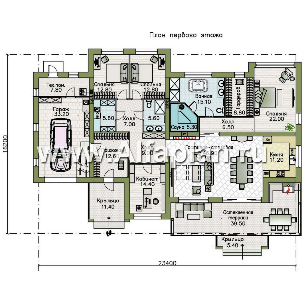 «Альтернатива» - проект современного одноэтажного дома, мастер спальня, с сауной и с террасой - план дома