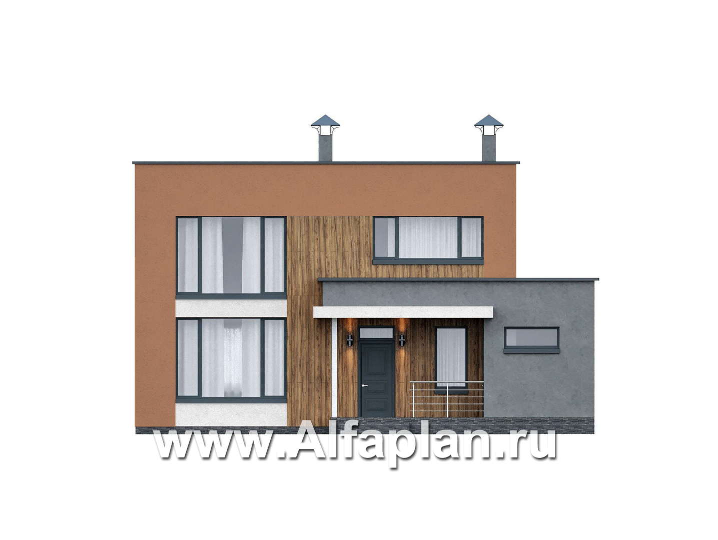 Проекты домов Альфаплан - "Коронадо" - проект дома, 2 этажа, с террасой и плоской крышей, мастер спальня, в стиле хай-тек - изображение фасада №1