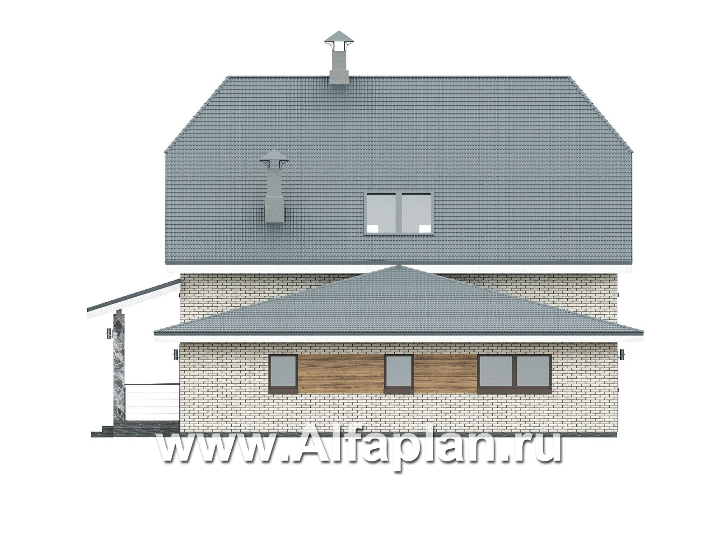 Проекты домов Альфаплан - "Династия" - проект дома с мансардой, мастер спальня, с террасой сбоку и гаражом с мастерской - изображение фасада №2