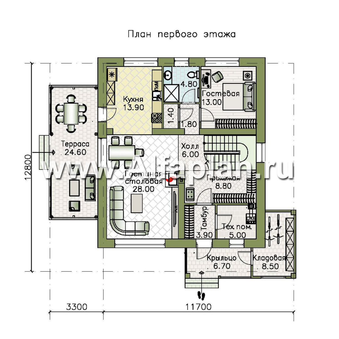 Проекты домов Альфаплан - "Чистая линия"  - проект дома, 2 этажа, мастер спальня, с террасой, в современном стиле - изображение плана проекта №1