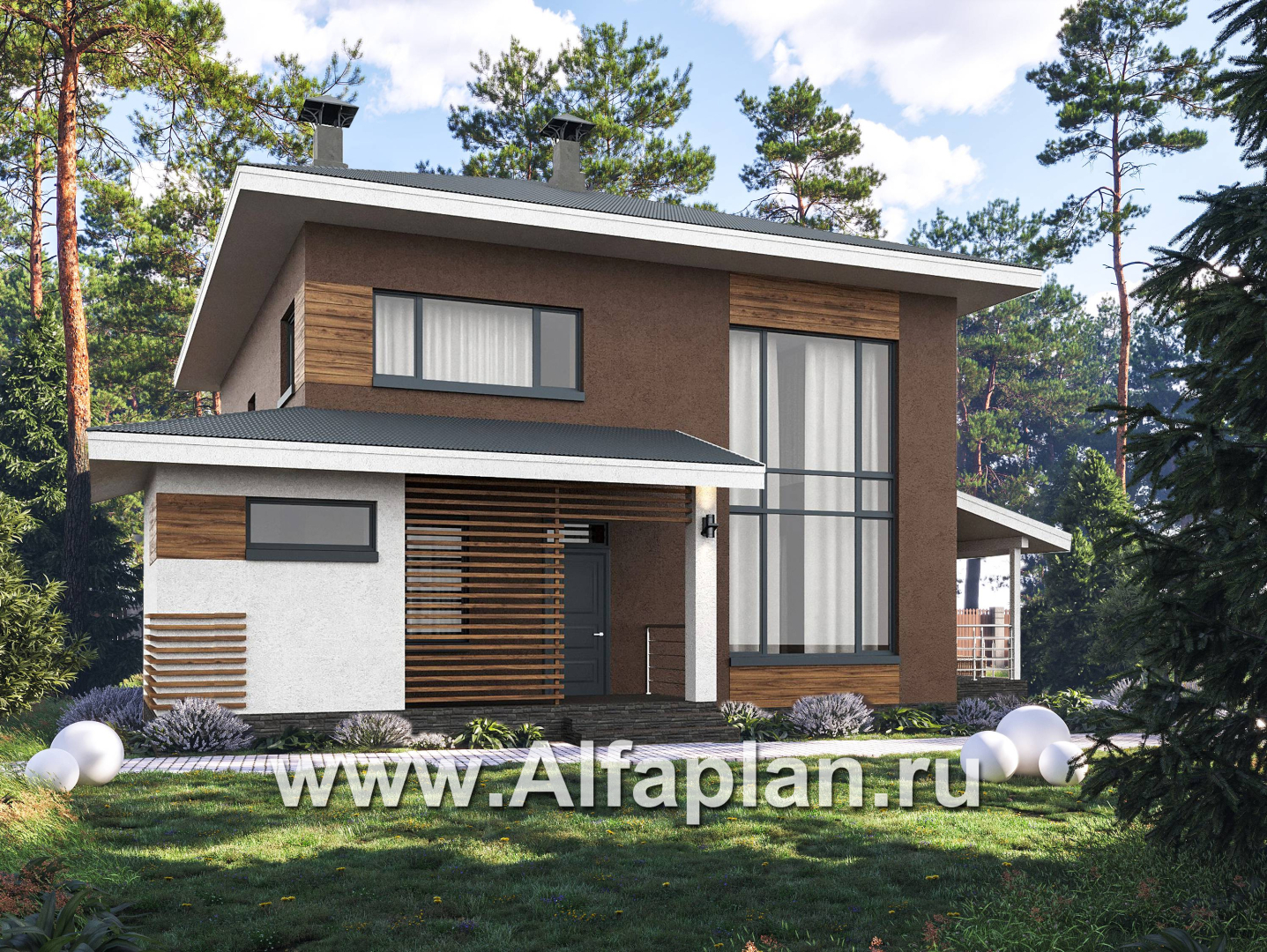 «Чистая линия» - проект дома, 2 этажа, с двусветной гостиной, с террасой, в современном стиле - основное изображение