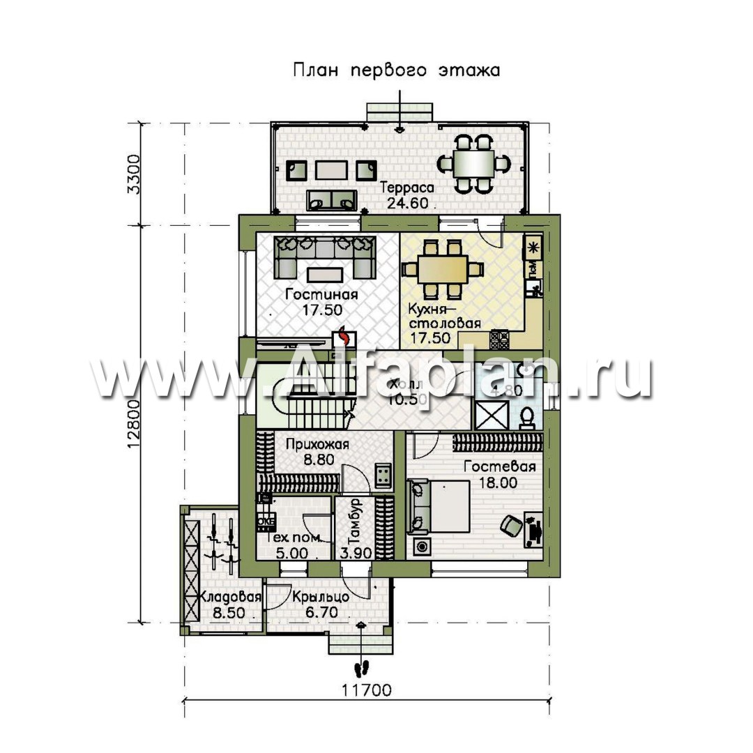 Проекты домов Альфаплан - "Коронадо" - проект дома, 2 этажа, с террасой и плоской крышей, мастер спальня, в стиле хай-тек - план проекта №1