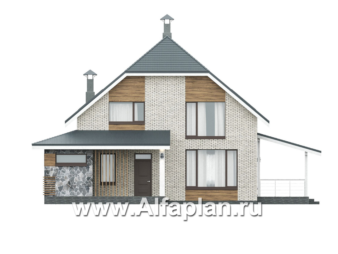 Проекты домов Альфаплан - "Династия" - проект дома с мансардой, с террасой сбоку, мастер спальня  - изображение фасада №1