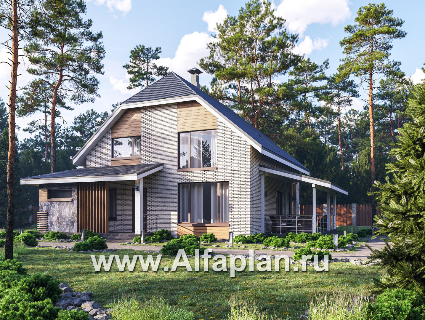 Проекты домов Альфаплан - "Династия" - проект дома с мансардой, с террасой сбоку, мастер спальня  - основное изображение