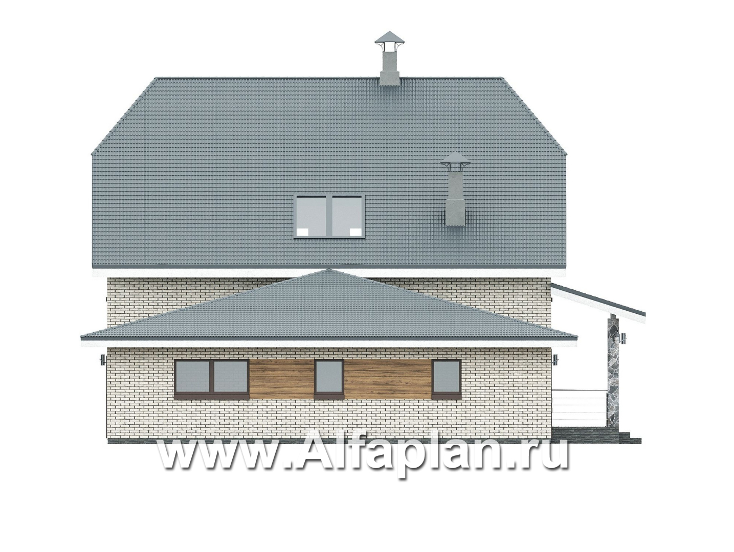 Проекты домов Альфаплан - "Династия" - проект дома с мансардой, мастер спальня, с террасой сбоку и гаражом с мастерской - изображение фасада №3