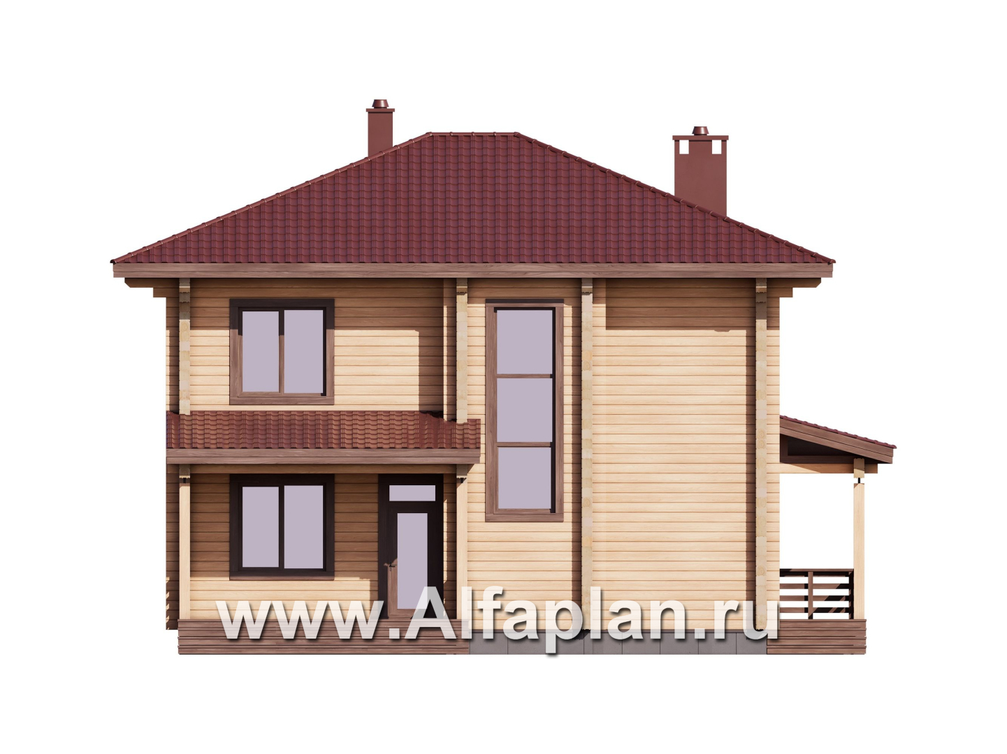 Проект двухэтажного дома из клееного бруса, планировка со спальней на 1 эт, с террасой - фасад дома